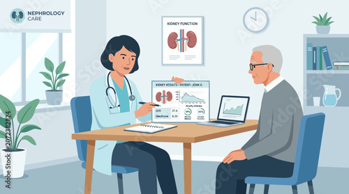 Doctor explaining kidney function to elderly patient in a clinic.