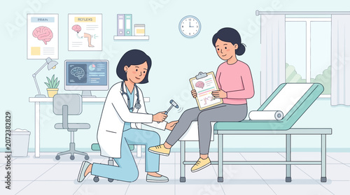 Doctor examining patient's reflexes with reflex hammer in clinic