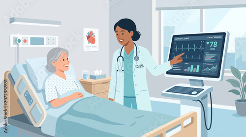 Doctor explaining heart monitor results to elderly patient in hospital room