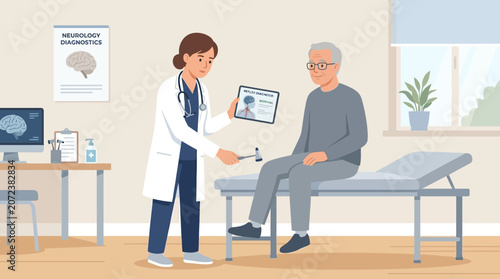 Doctor examining senior man's reflexes with reflex hammer in clinic