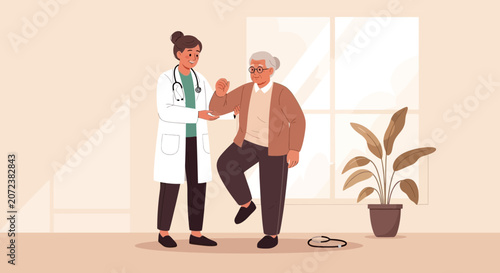 Doctor helping elderly woman with physical therapy and balance exercises