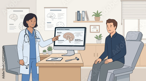 Doctor Explains Brain Scan Results to Anxious Patient in Medical Office