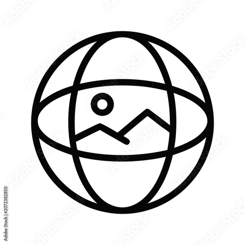 Simple Outline Sphere Icon with Mountain Landscape and Sun Inside