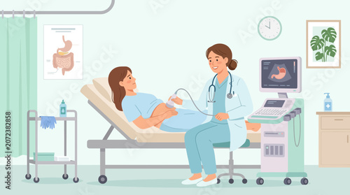 Doctor performing ultrasound on pregnant woman in clinic examination room
