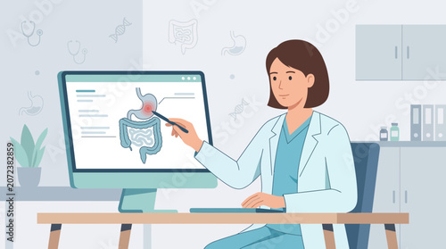 Doctor Illustrates Digestive System Health on Computer Screen with Medical Infographics