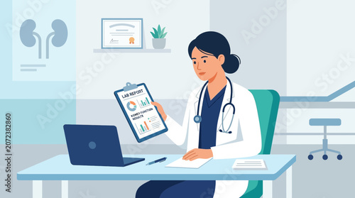 Doctor Reviewing Medical Chart & Laptop in Clinic Office