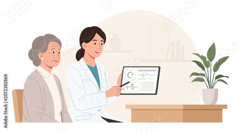 Doctor showing medical results on tablet to elderly patient in clinic