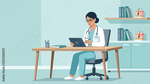 Doctor Sitting at Desk with Tablet in Medical Office Room