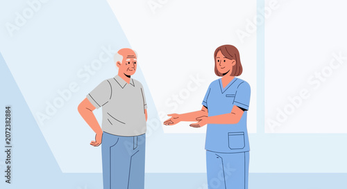 Elderly man and caregiver in discussion, healthcare concept illustration