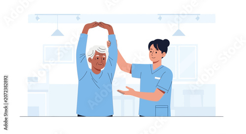 Elderly man doing physical therapy with nurse support illustration