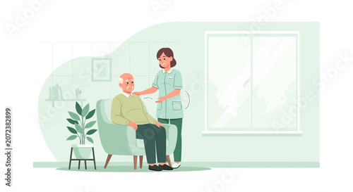 Elderly man in armchair cared for by nurse in home interior illustration