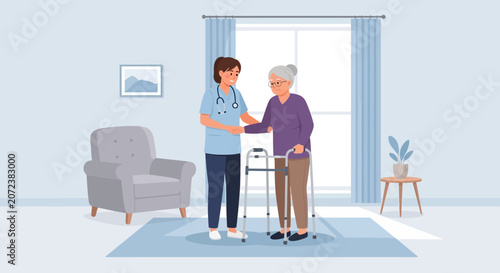 Nurse assisting elderly woman with walker in a cozy room