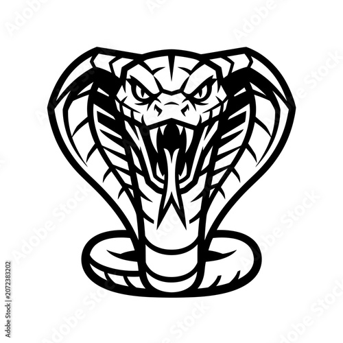 Aggressive Cobra Snake Head Icon, Venomous Reptile Symbol, Black and White Illustration
