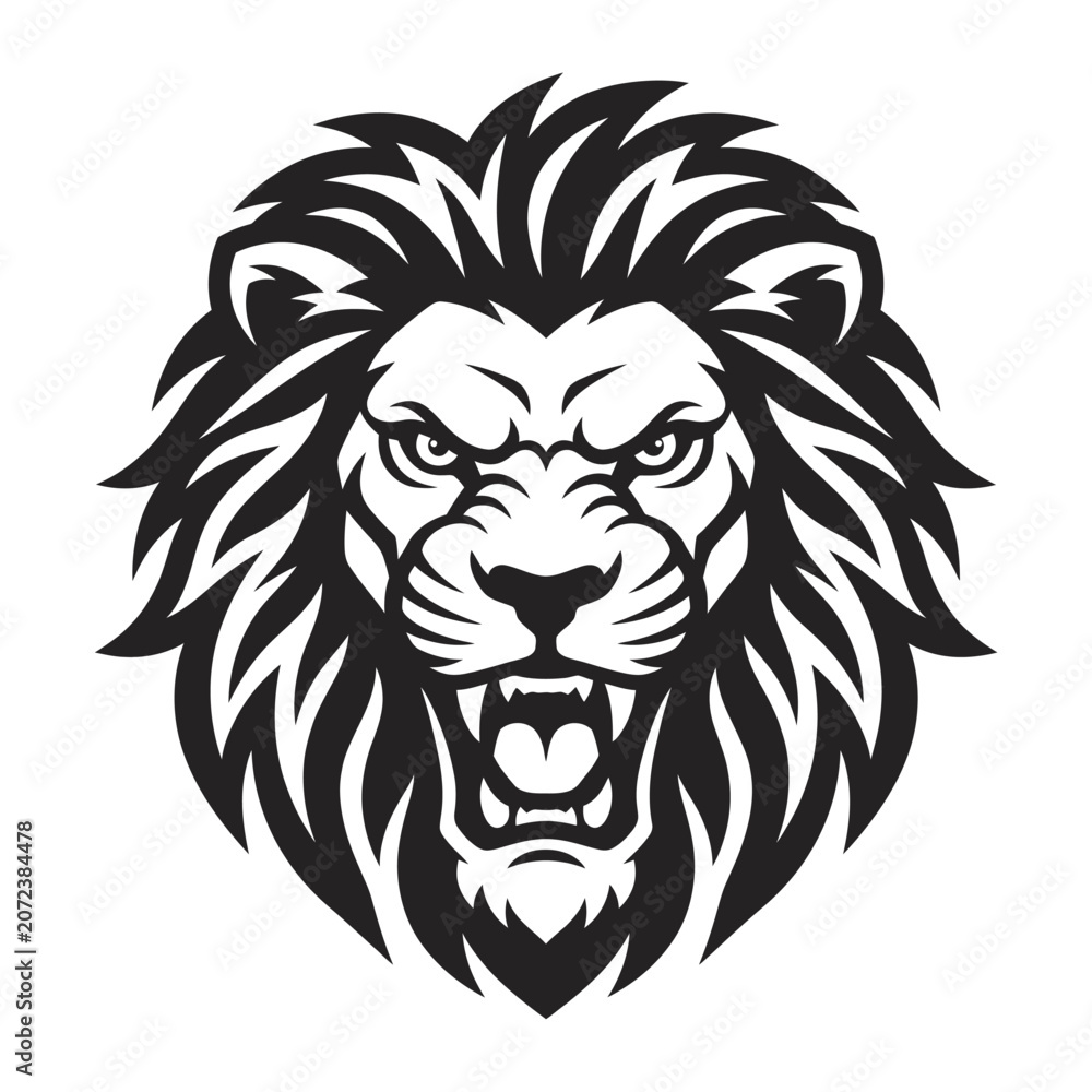 Fototapeta premium Fierce Lion Head Roaring, Tribal Style, Majestic Wildlife Symbol