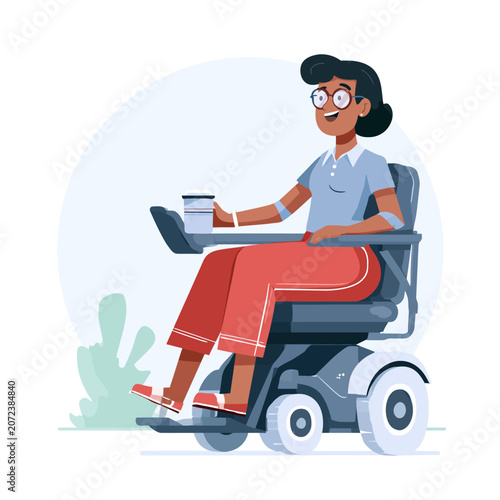 Woman confidently steering power wheelchair with drink