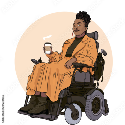 Woman in wheelchair with coffee enjoying a sunny day