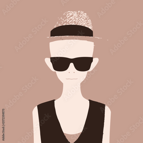 Woman Wearing Sunglasses and Straw Hat in Minimalist Portrait