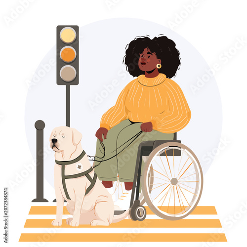 Woman in wheelchair with service dog at traffic light