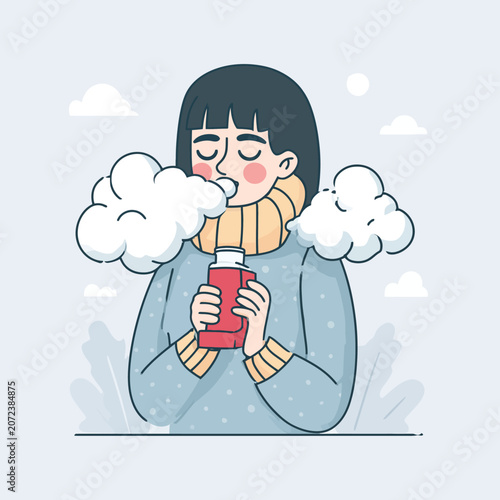Woman in scarf taking deep breath with warm drink