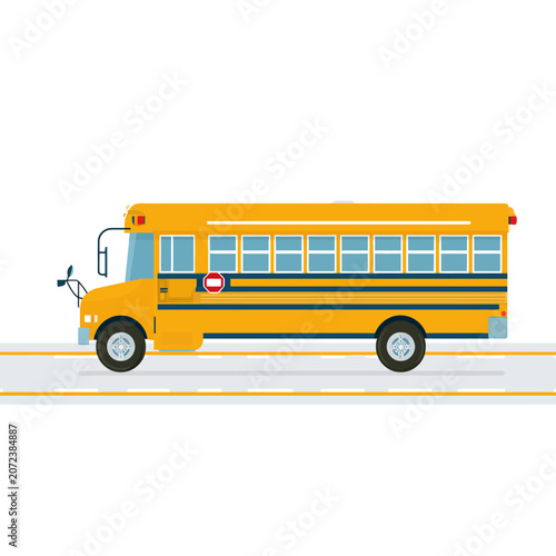 Yellow school bus driving on a straight road
