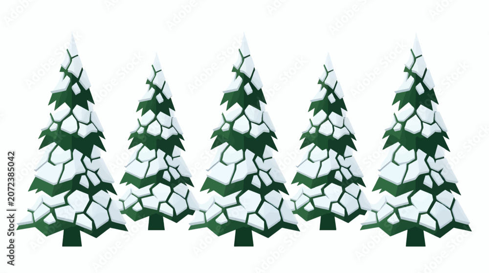 Obraz premium Collection of Stylized Pine Trees Heavily Laden with Snow, Flat Graphic Illustration Style in Front of a Clean White Background, Simple Winter Scene
