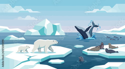 Polar bear in icy sea and ocean landscape with boat, waves, snow and mountains, winter nature illustration in blue sky, travel wildlife vector scene