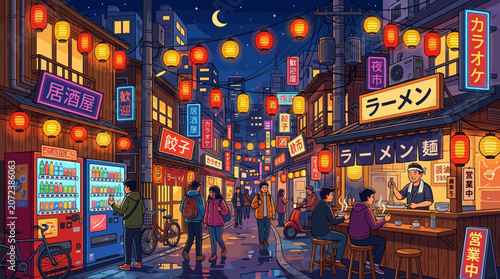 Tablou pe pânză Night city street during Chinese New Year with illuminated temple lanterns, anci