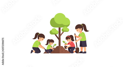 girls planting a tree together.