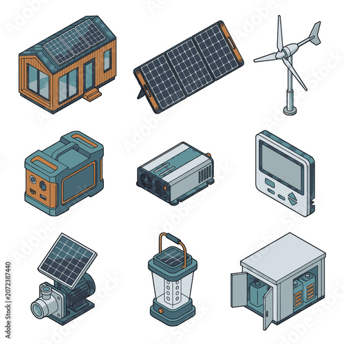 Collection of isometric illustrations depicting renewable energy equipment and systems for off-grid living.