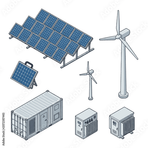 Set of isometric renewable energy equipment including solar panels, wind turbines, and power storage units.