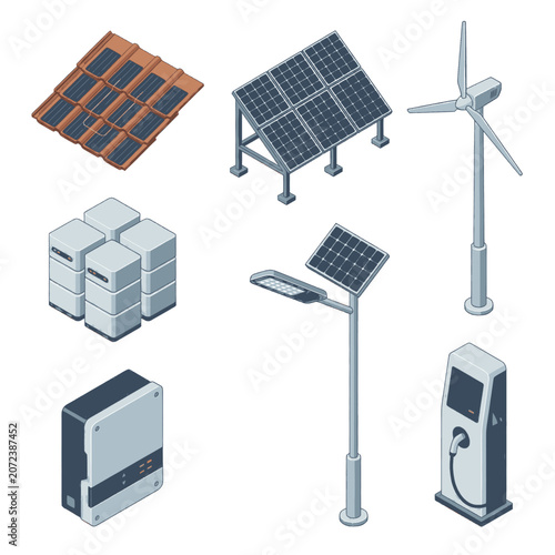 Collection of isometric icons representing renewable energy sources and related technologies.