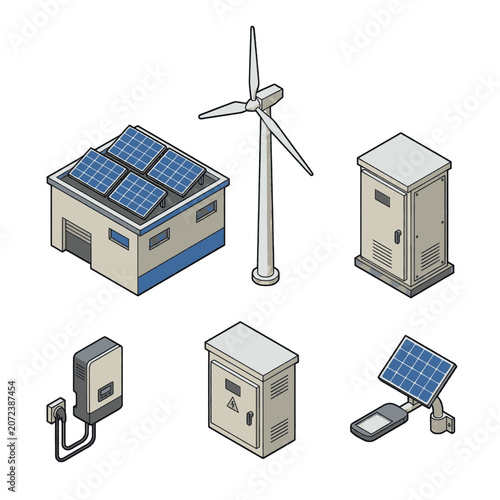 Isometric illustration of renewable energy sources including solar panels, wind turbine, and electric vehicle charging station.