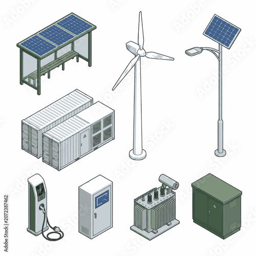 Collection of renewable energy and electrical infrastructure elements, including solar panels, wind turbine, and charging station.