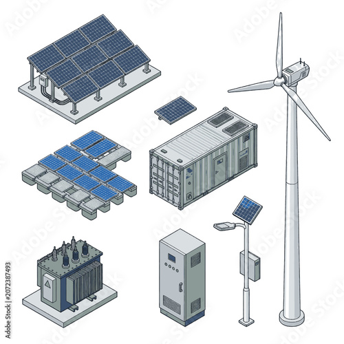 Set of renewable energy equipment including solar panels, wind turbine, transformer, and storage container.