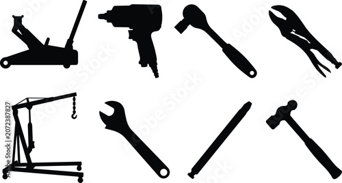 Fotografía Construction and Automotive Hand Tool Icon Set with Jack Wrench Hammer Crane and