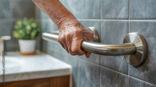 Elderly person's wrinkled hand grips metal grab bar for support in a tiled bathroom