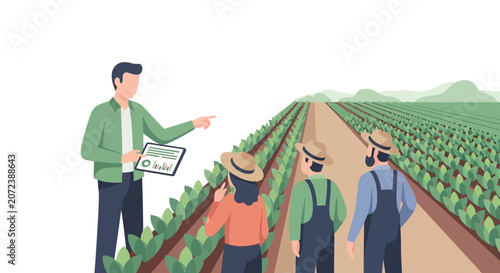 Farmer teaching agricultural workers about crop management in a field.