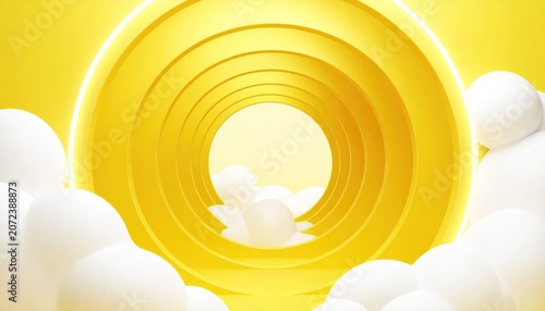 Abstract yellow 3D tunnel with white clouds background.