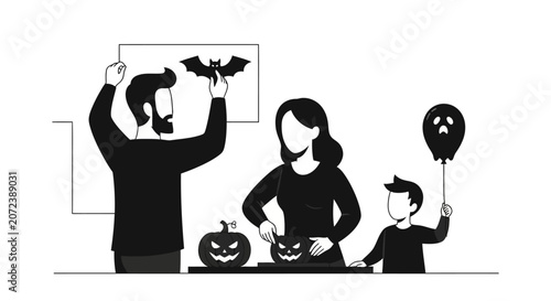 Family Carving Pumpkins for Halloween Celebration.