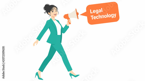 Businesswoman holding megaphone with legal technology text.