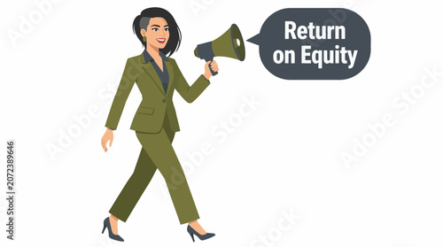 Businesswoman holding megaphone for equity message.