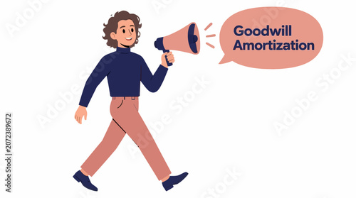 Person holding megaphone with goodwill amortization text.