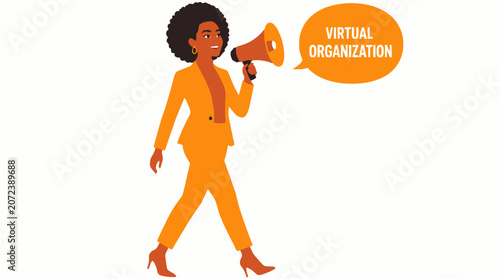 Confident businesswoman holding megaphone for virtual organization.