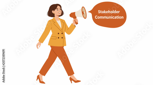 Businesswoman using megaphone for stakeholder communication.