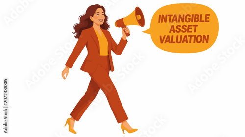 Businesswoman with megaphone promoting intangible asset valuation.