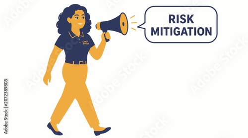 Woman holding megaphone for risk mitigation announcement.