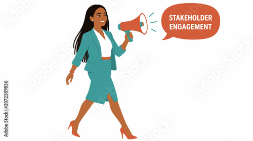 Businesswoman using megaphone for stakeholder engagement.