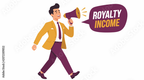 Man in yellow suit holding megaphone with royalty income text.