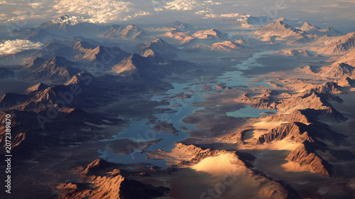Mountainous Landscape with River: An aerial view captures a rugged mountain range carved by a winding river, with clouds casting shadows on the majestic terrain.
