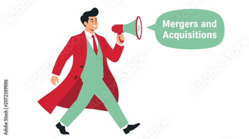 Businessman in red suit using megaphone for announcement.